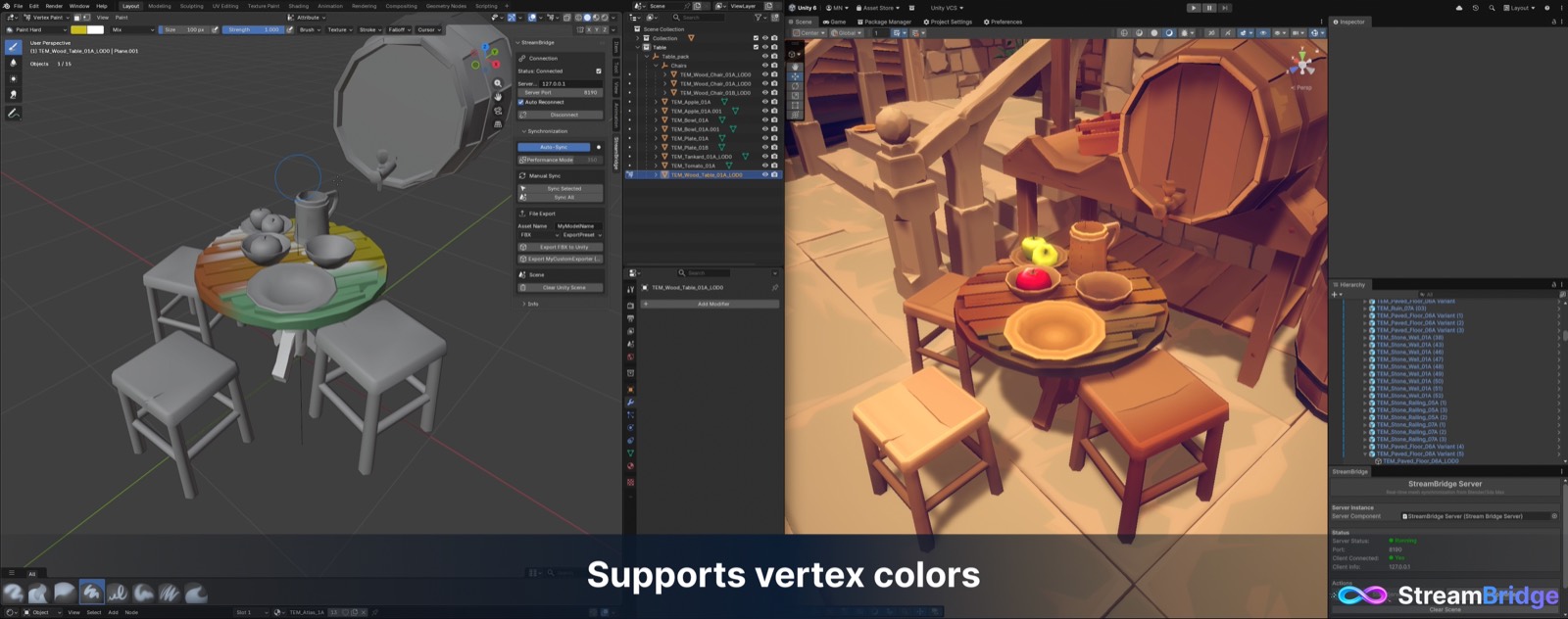 Blender vertex painting streaming live into a Unity scene through StreamBridge